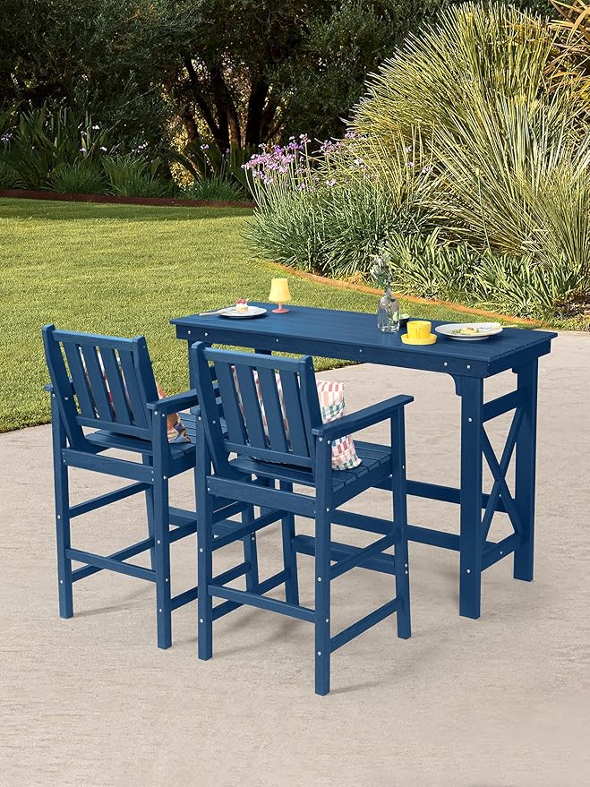 3 Pieces HDPE Outdoor Patio Bar Set, Rectangular Outdoor Bar Height Table and Chairs Set, Adirondack Patio Bar Stools Set, Outdoor Bar Table and Chairs Set for Balcony, Poolside, Porch, Navy