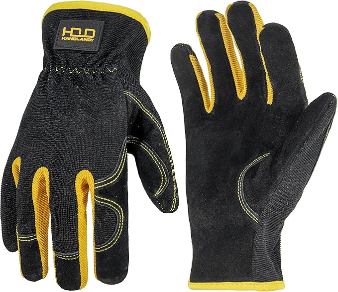 HANDLANDY Leather Work Gloves for Men & Women, Reinforced Durable Garden Gloves, Cowhide Working Glove for Gardening