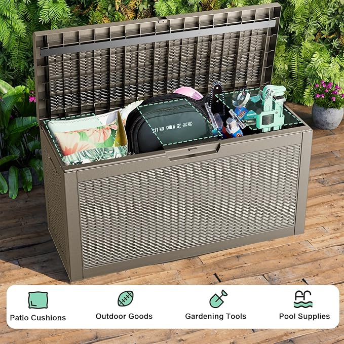 60 Gallon Resin Deck Box, Lockable Outdoor Storage Box for Patio Cushions Storage Furniture,Garden Tools, Pool Supplies, Weatherproof and UV Resistant (Grey Rattan)