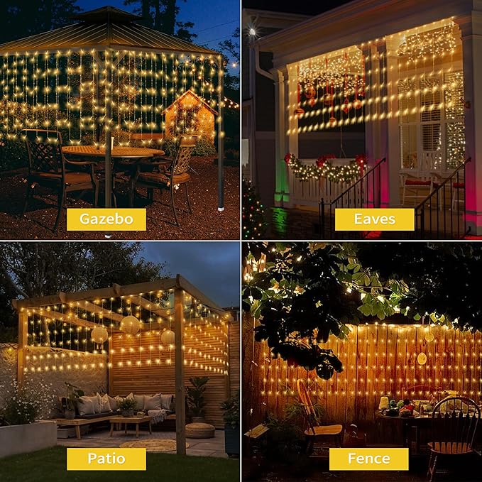 32.8 * 3.28FT Large Size Solar Curtain Lights Outdoor, 8 Modes Icicle Lights, Garden Christmas Decortions for Patio, Gazebo, Eaves, Fence, Tree, Porch (Warm White)