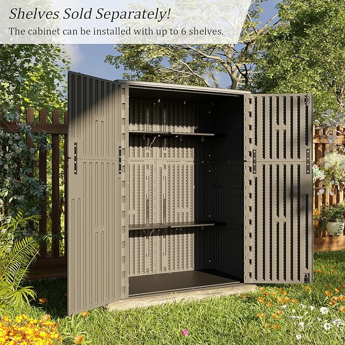 HOMSPARK Outdoor Storage Shed Weather Resistance, Patio Storage Cabinet Lockable Resin Tool Shed for Storage of Bike, Trash Cans, Garden Tools (Shallow Coffee, 66 Cu.ft)