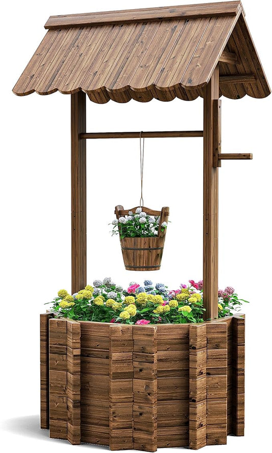 UDPATIO Wishing Wells for Yard, Large Wooden Wishing Well Planter for Outdoors, Upgrade Wishing Well with 4 Reinforced Rod & Hanging Bucket for Garden Patio Lawn Backyard Home Decor