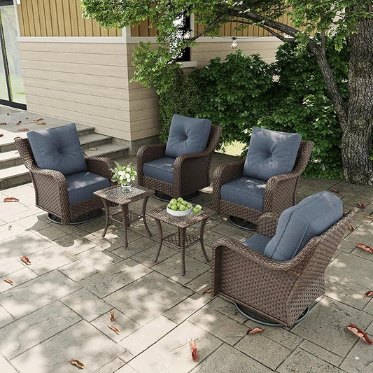 6 Pieces Outdoor Patio Furniture Sets with Rocking Swivel Chairs with 6-inch Thick Cushion and Side Table for Deck Lawn