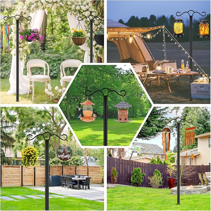 Double Shepherds Hook for Outdoor with 5 Prong Base 110 Inch Heavy Duty Two Sided Bird Feeder Pole for Hanging Lantern,Hummingbird Feeder,Lightweight Plant,Shepherds Hook for Bird Feeders for Outside