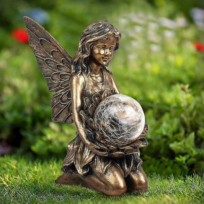 Garden Statues Outdoor Flower Fairy Decor,Solar Powered Outdoor Resin Statues-Patio Lawn Yard Porch, Funny Garden Fairies Ornaments Figurines for Outside Garden Gifts,8.31 Inches Tall