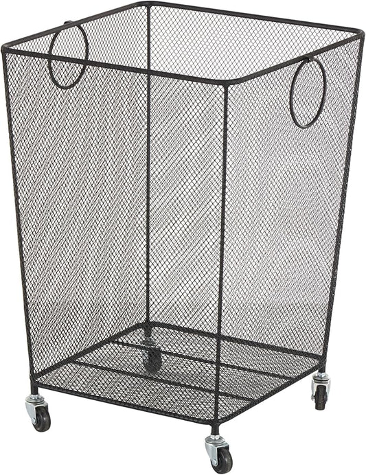Deco 79 Metal Storage Basket Square Mesh Wire Rolling Laundry with Ring Handles, 17" x 16" x 24", Black