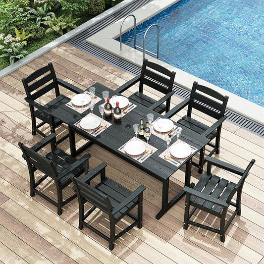 7pcs Outdoor Dining Set, HDPE Patio Dining Set for 6, All-Weather Outdoor Table and Chairs with Umbrella Hole & Adjustable Pads, Modern Patio Furniture Set for Backyard, Poolside &Lawn (Black)