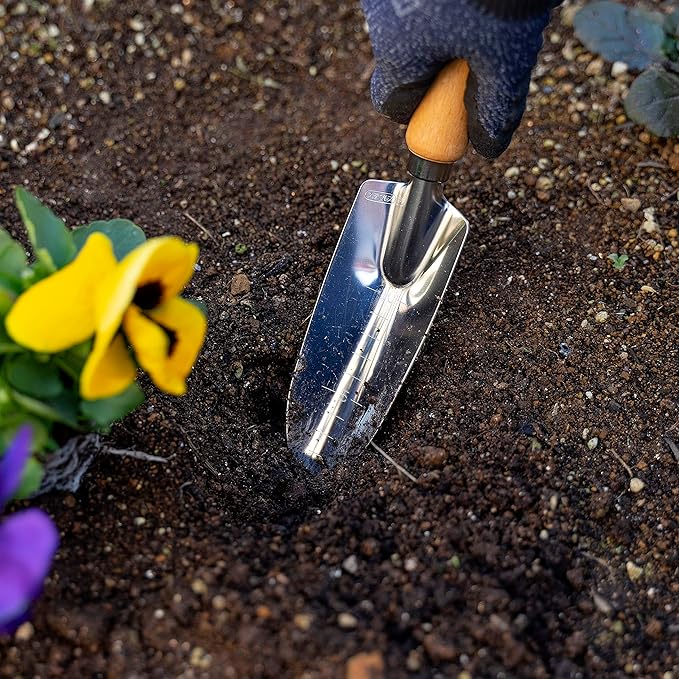 Garden Helper Garden Trowel with Measurements for Planting (Narrow), Garden Hand Shovel Japanese Stainless Steel, Wooden Handle, Made in Japan
