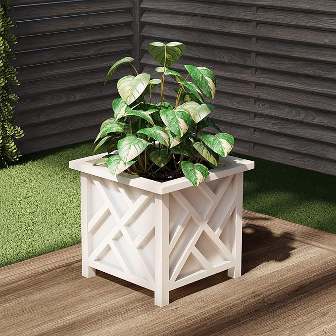 Planters Box - 14.75in Lattice Flower Box Plant Pot - Outdoor Patio Planters and Flower Boxes for Front Porch or Garden Decor by Pure Garden (White)