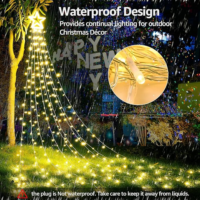 BlcTec Outdoor Christmas Decorations with Remote, 317 LED Color Changing Christmas Lights with 9 Strands 11.9ft Waterfall Lights, 11 Modes, Waterproof & Timer for Xmas Décor, Multicolor & Warm White