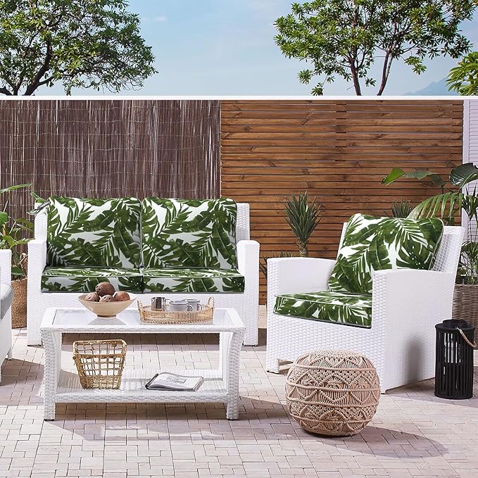 LVTXIII Outdoor Deep Seat Cushion Patio Seat and Back Cushion Set Seasonal Chair Cushion for Dining Arm Chairs, Wicker Chairs and Garden Furniture Decoration, 22"x22"x4", Palms Green