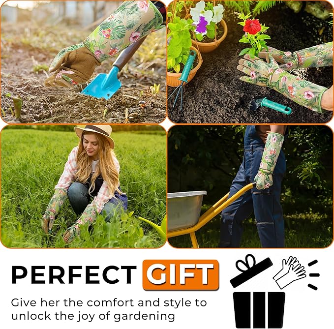 HANDLANDY Leather Gardening Gloves for Women, Thorn Proof Breathable Ladies Rose Pruning Garden Gauntlet Yard Gloves, Gift for Gardeners (Khaki, M)