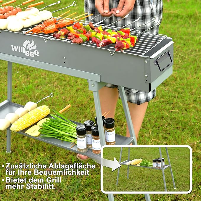 Charcoal Grills Commercial Quality Portable Multiple Size Hibachi BBQ Lamb Skewer Folded Camping Barbecue Grill for Garden Backyard Party Picnic Travel Outdoor Cooking Use(39.4x7.1x5.1 inch)