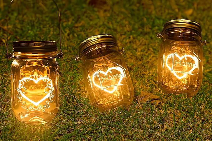 Hanging Solar Mason Jar Lights, 4 Pack Warm Heart Shape Led Lights, Solar Powered Lanterns Outdoor Waterproof, Hangers and Jars Included, Gift for Lover, Home Party Wedding Garden Patio Decor (4)