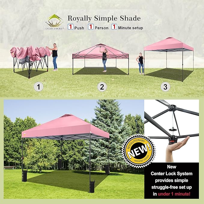 CROWN SHADES 10x10 Pop Up Canopy Tent - Patented Center Lock One Push Instant Outdoor Canopy Beach Tent with STO-N-Go Bag 8 Stakes & 4 Sand Bags，Pink