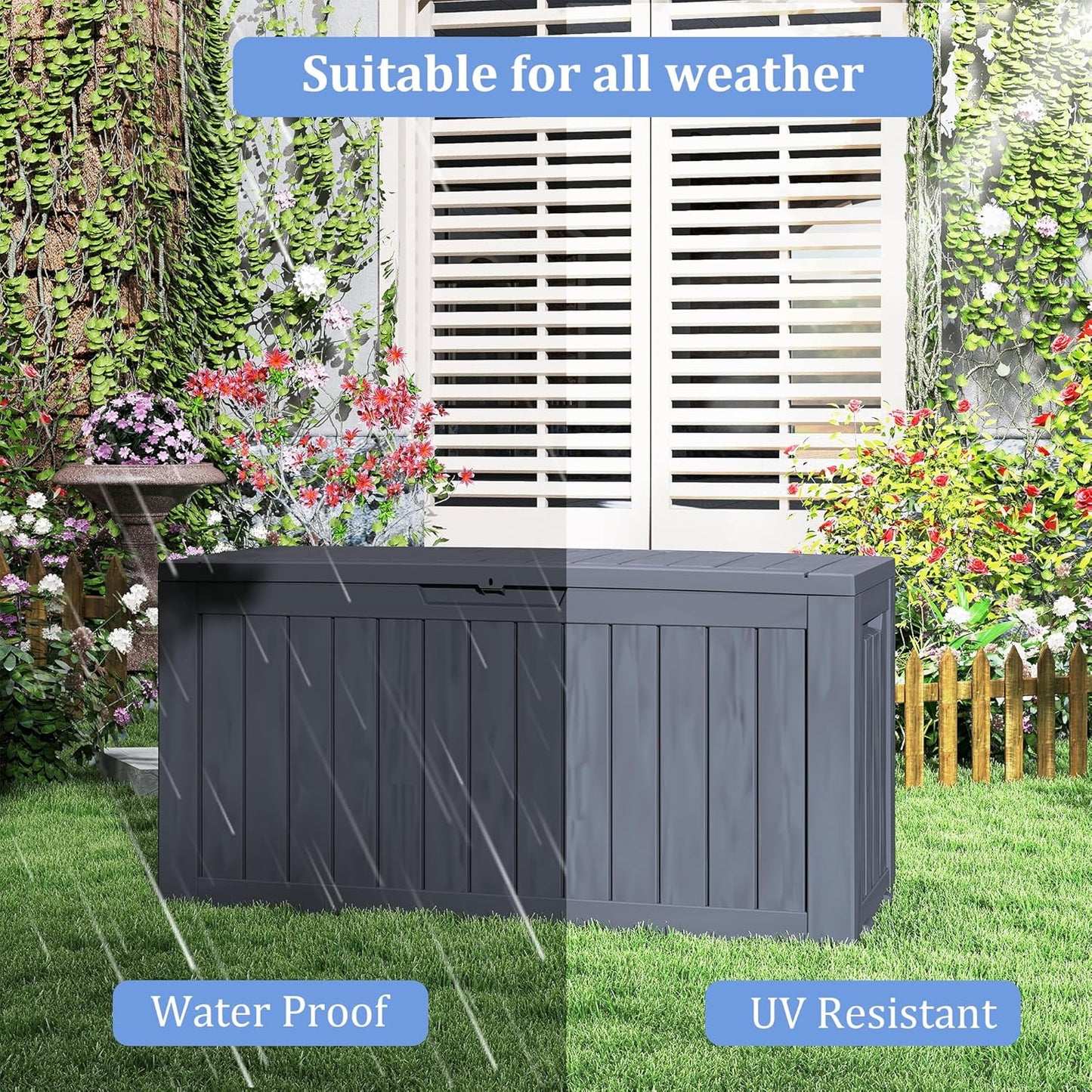 75 Gallon Waterproof Large Resin Deck Box Indoor/Outdoor Lockable Storage Container and Seating for Garden, Pool, and Patio (75 Gallon, Black)