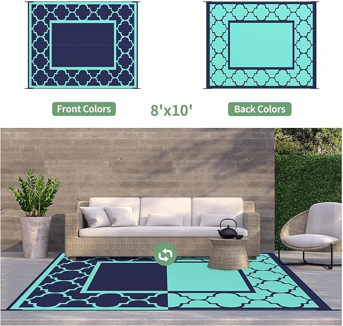 GENIMO 8 ' x 10 ' Outdoor Rug for Patio, Waterproof Indoor Outdoor Plastic Straw Rugs Carpet, Reversible Outside Area Mat for Camping, Balcony Porch, Deck, Picnic, Beach Navy Blue & Jade Green