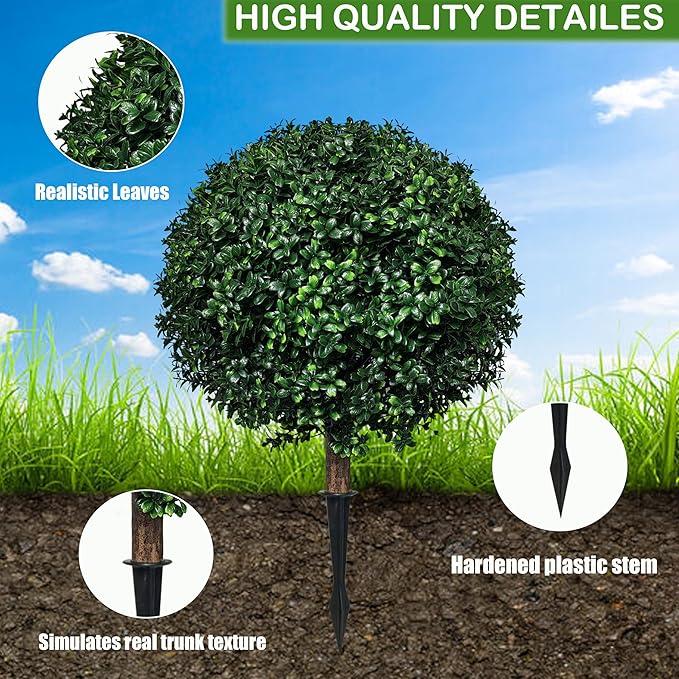 Artificial Boxwood Topiary Ball Tree Outdoor Set of 2,Artificial Boxwood Plants with Ground Spike,Faux Shrubs Fake Evergreen Tree UV Resistant,Diameter 17"
