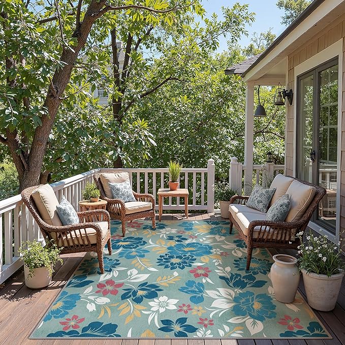 GENIMO Indoor Outdoor Area Rug 6' X 9' Waterproof, Washable Patio Rug Non Shedding, Easy Cleaning Floral Outdoor Carpet for Living Room, Bedroom, Dining Room, Balcony, Backyard, Deck, RV, Blue Grey