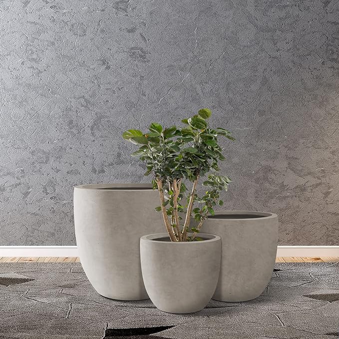 Kante 18",14",10" Dia Concrete Round Planters (Set of 3), Outdoor Indoor Large Planter Pots with Drainage Hole and Rubber Plug for Home Patio Garden, Weathered Concrete