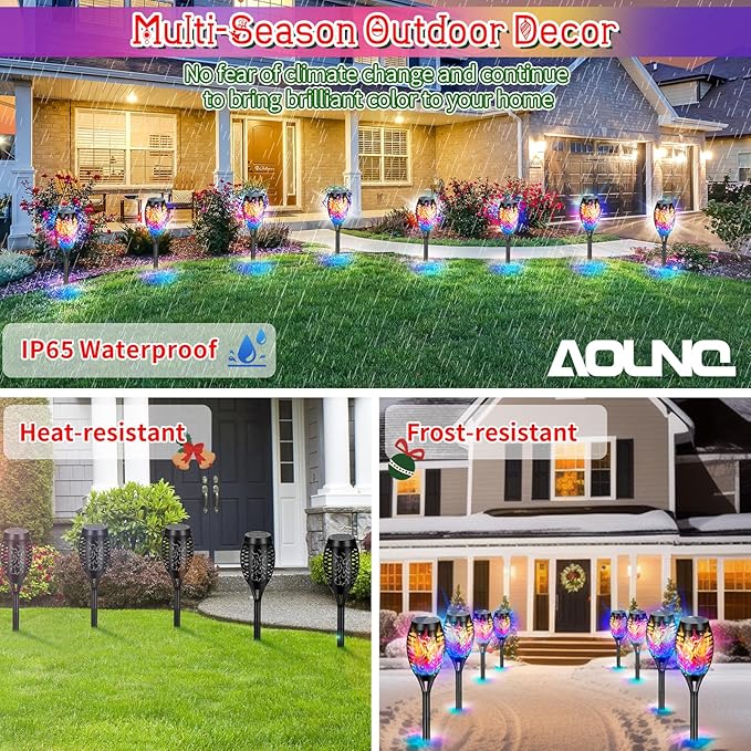 12 Pack Solar Torch Lights Outdoor Waterproof - Multicolor Flickering Flame, Outdoor Solar Garden Lights for Yard, Tiki Torches for Outside Patio Pathway Decorations