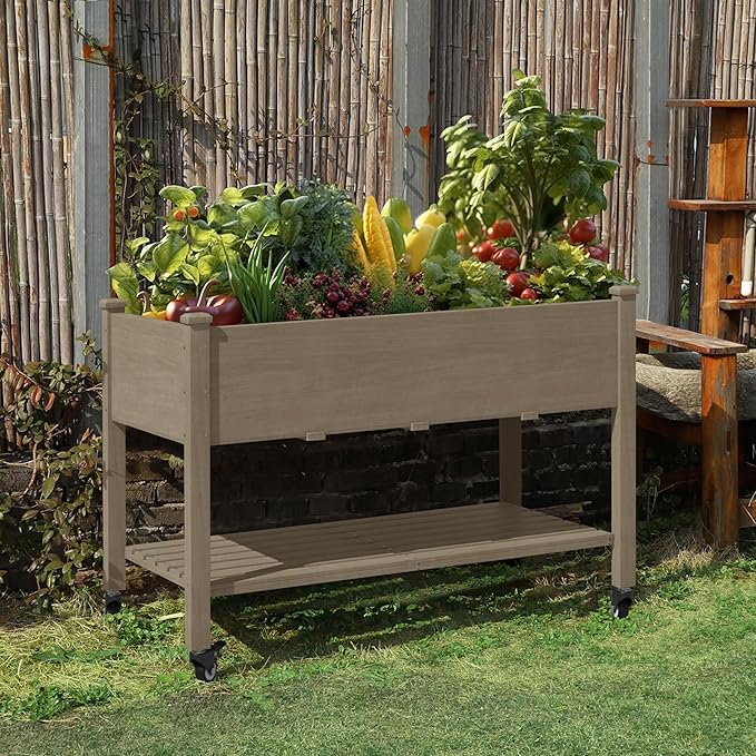 MUPATER 4x2FT Raised Garden Bed, Planter Box with Four Wheels and Legs for Herbs, Flowers and Vegetables, Elevated Garden Bed with Drainage Holes for Greenhouse, Garden, Farm, Brown