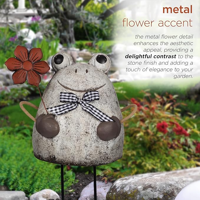 Alpine Corporation MCC860 Indoor/Outdoor Frog with Flower Garden Statue, Stone Finish Frog Statue for Yard, 24" H, Silver