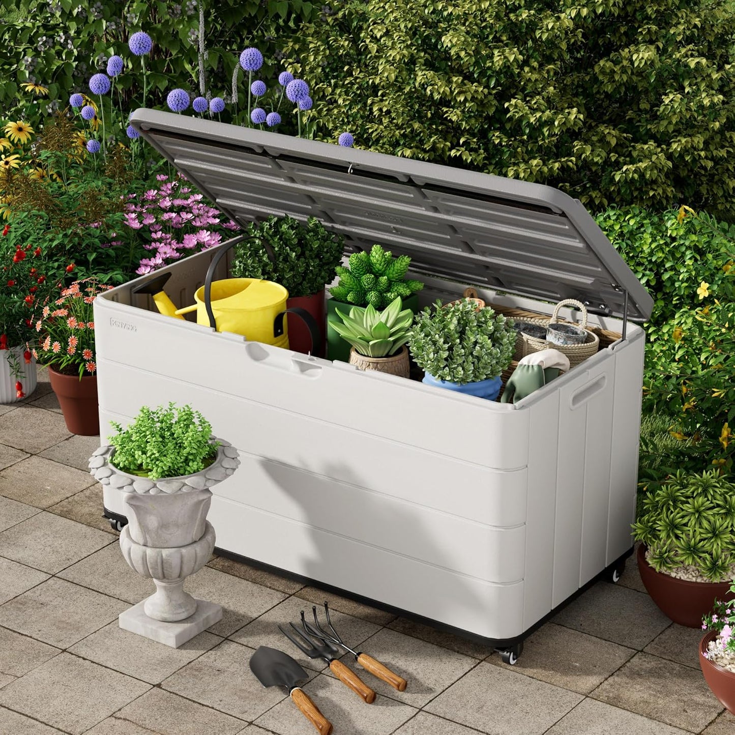 100GAL White Resin Deck Box with Wheels – Lockable, Waterproof, SGS-Tested UV Resistance, Spacious Outdoor Storage for Patio Cushions & Pool Gear, Easy Assembly