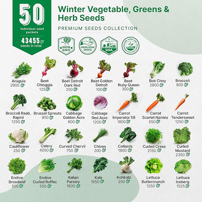 50 Winter Vegetable Garden Seeds Variety Pack - 43,450+ Non-GMO Heirloom Seeds for Outdoors & Indoor Home Gardening, Including Kohlrabi, Lettuce, Radish, Onion, Choy, Spinach, Cauliflower, Collards