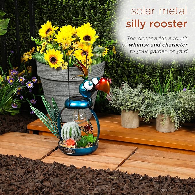 Alpine Corporation LYT290SLR-HH Solar-Powered Metal Flamingo with Garden Enclosed LED Light, Solar Patio Decor, 16''H, Blue