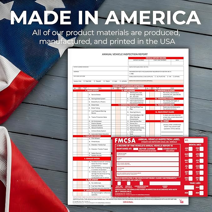 25 Pack Buck 3-Ply Carbonless Annual Vehicle Inspection Report Forms with Red Aluminum FMCSA Adhesive Labels with Punch Boxes, FMCSA & DOT Compliant, Shrinkwrapped Bundle, 8.5" x 11.8" - Made in USA