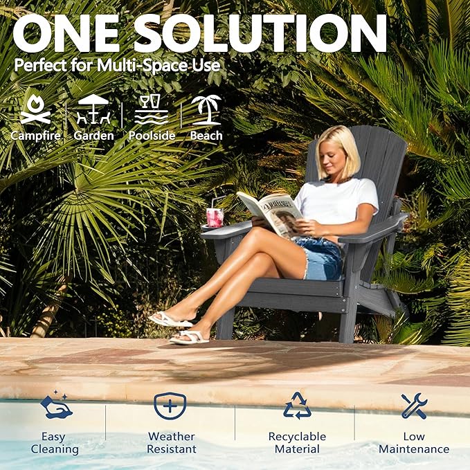 Folding Adirondack Chair Set of 3 with Cup Holder, HDPE All Weather Resistant Plastic Outdoor Patio Chairs, Heavy Duty Fire Pit Seating for Backyard Lawn Garden, Wooden Textured Design(Gray)