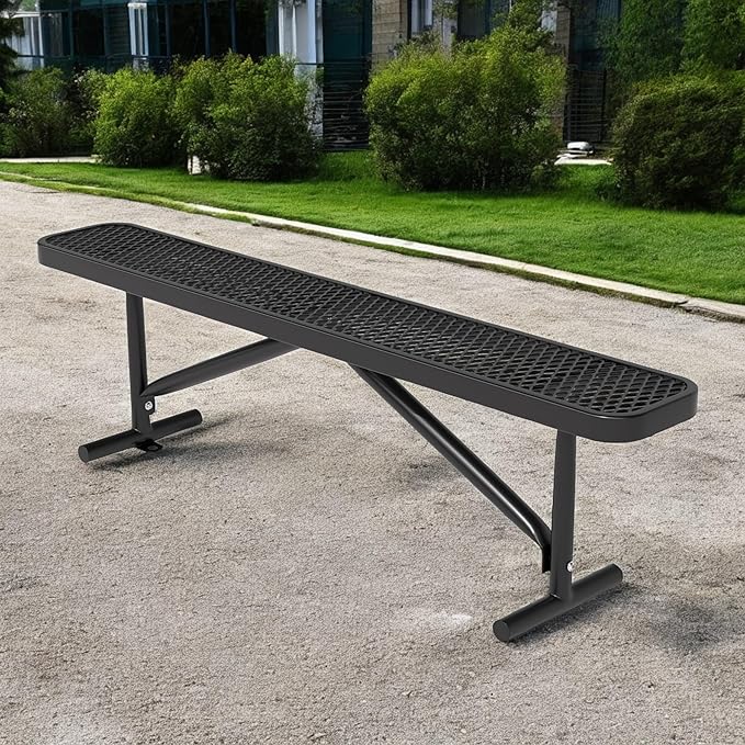 72" L Steel Flat Bench Garden Bench, Black Outdoor Park Bench Weather-Resistant Steel Metal, Patio Seating for Front Porch Backyard Park Outside, Metal Benches for Outside to dodrill to Ground