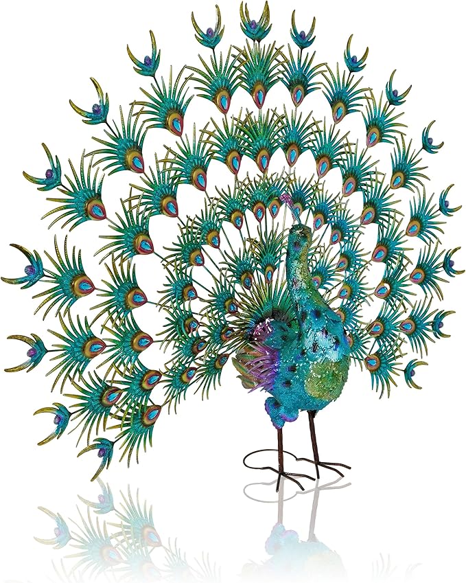 Alpine Corporation HEH376 Jumbo Sized Iron Majestic Peacock Decor, Elegant Garden & Patio Bird Statue, 55" H, Green