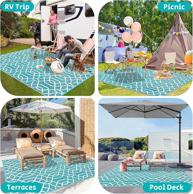 HEBE Outdoor Rug Waterproof 9x12, Reversible Plastic Straw Rug RV Camping Rug, Indoor Outdoor Patio Mat Clearance, Outside Carpet for Porch,Deck,Camper,Balcony,Backyard,Picnic