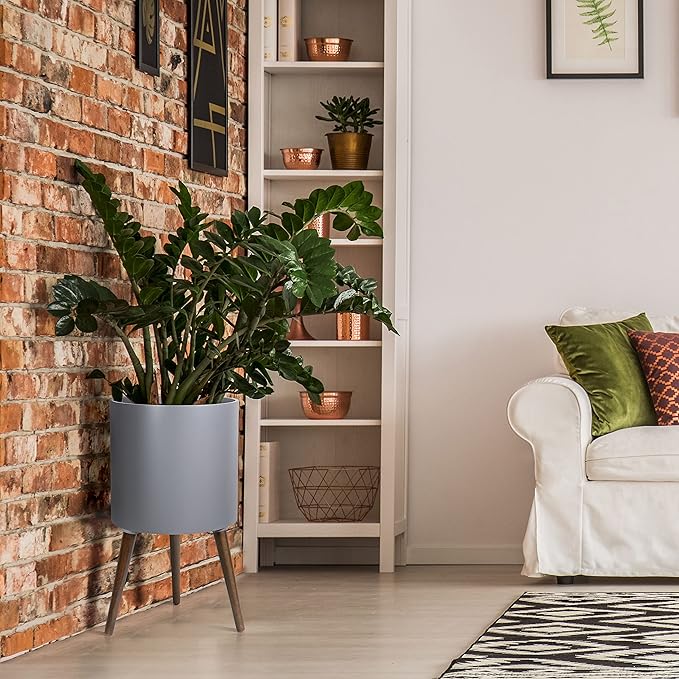 D'vine Dev 14 Inch Planter Pot with Stand, Mid-Century Tall Plant Pot with Legs for Indoor Plants, X-Large, Grey, 88-O-D-3