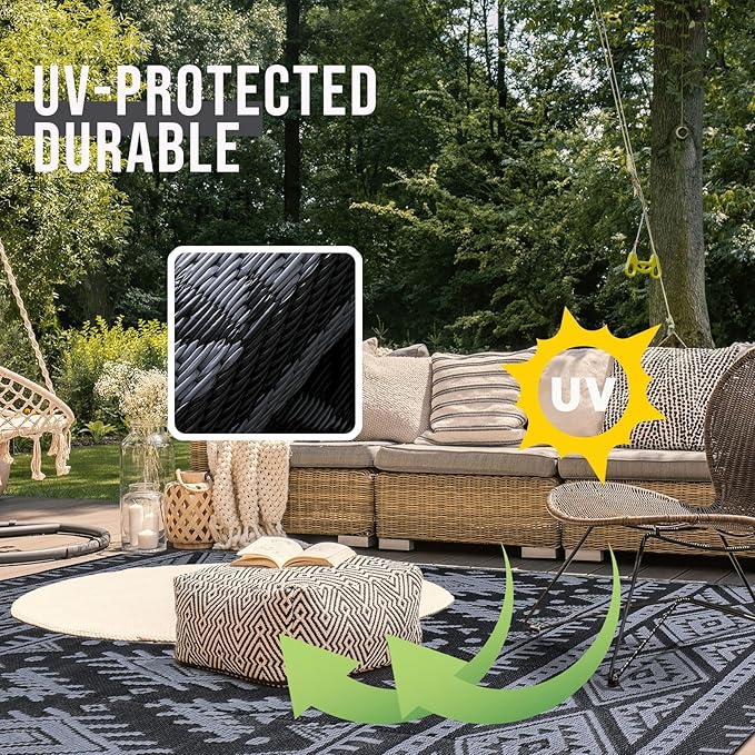 OLANLY Outdoor Rug Waterproof 10x14 ft, Reversible Outdoor Plastic Straw Rug, Boho Patio Rug, Indoor Outdoor Carpet, RV Mat Outside for Patio, Camp, Picnic, Balcony, Deck, Backyard, Black & Grey