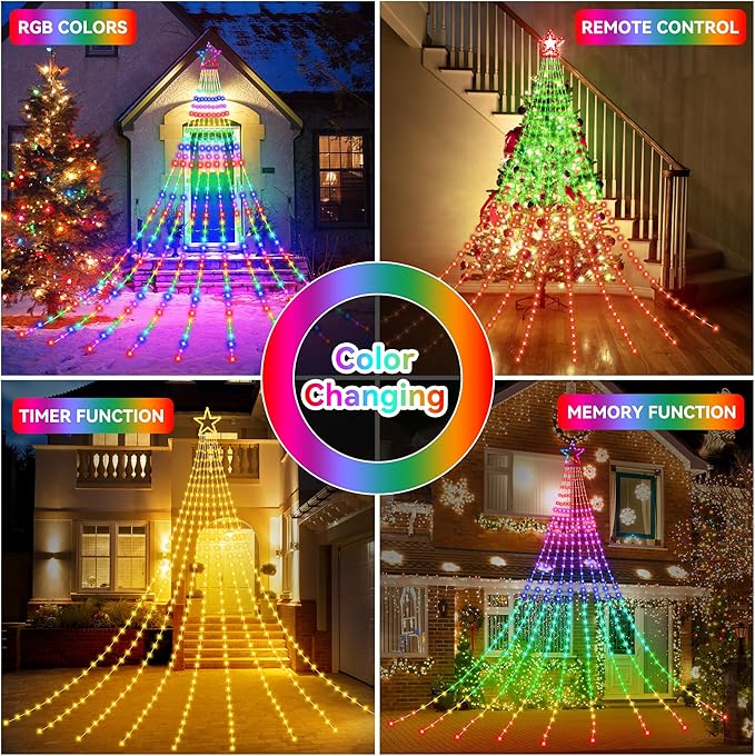 Christmas Decoration RGB String Lights, Outdoor Color Changing Christmas Lights 320 LED 16.4 Ft Star Tree Topper Fairy String Lights with 8 Light Modes for Christmas New Year Holiday Garden Yard