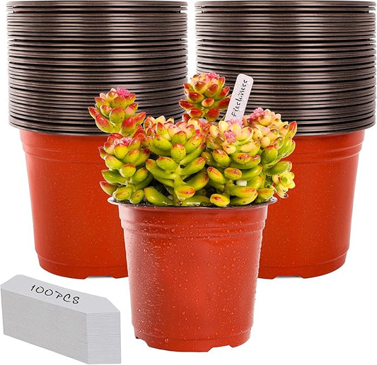 TDHDIKE 6 Inch Plastic Plant Nursery Pot/Pots (100pcs Pots and 100pcs Plant Labels) Seedlings Flower Plant Container (Red) Seed Starting Pots Indoor Outdoor