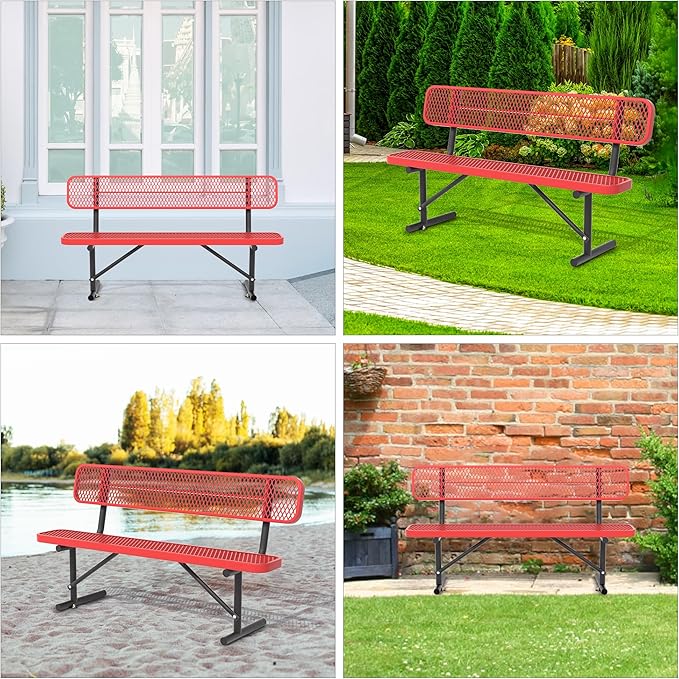 Heavy Duty Park Bench with Back Portable Frame, Outdoor Steel Bench with Backrest, Red Metal Bench Seat Expanded Metal Mesh Bench for Lawn, Park, Deck, Garden, Patio, Porch, Black (Red, 6FT)