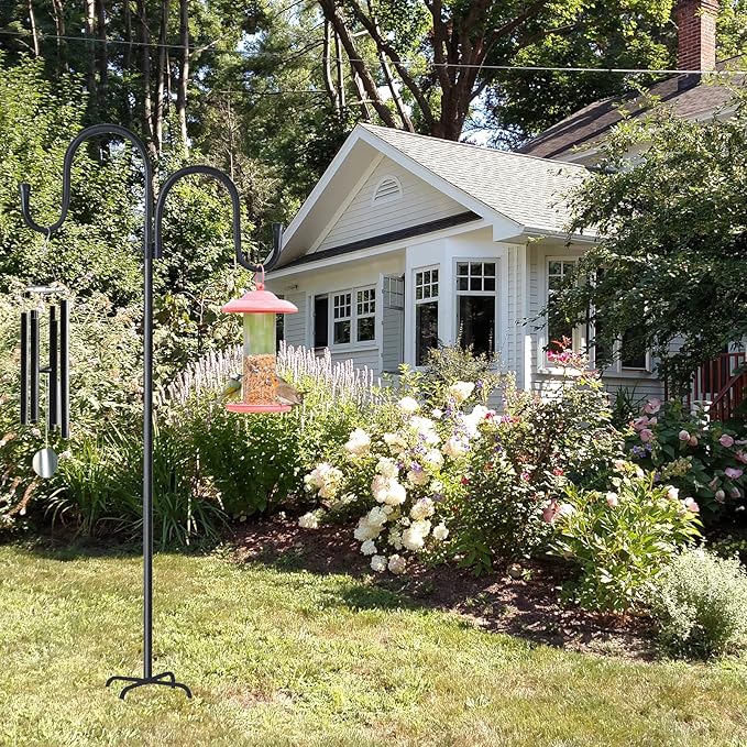 Double Shepherds Hook for Outdoor,62 Inch Bird Feeder Pole with 5 Prongs Base,Adjustable Heavy Duty Garden Hanging Holder for Hanging Plant,Solar Light,Weddings Decor,Hummingbird Feeder(1 Pack)