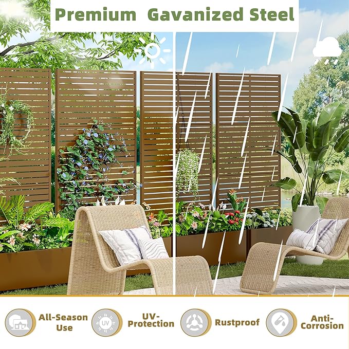 Casaphoria Metal Raised Garden Bed with Trellis and Wheels, 72"x47"x16" Planter Box for Climbing Plants, Vegetables & Vines, Features Drainage Holes and Privacy Screen (Brown-Louvered)