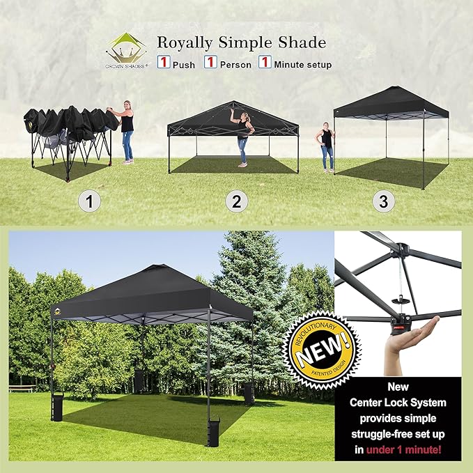 CROWN SHADES 10x10 Pop Up Canopy Tent - Patented Center Lock One Push Instant Outdoor Canopy Beach Tent with STO-N-Go Bag 8 Stakes & 4 Sand Bags，Black