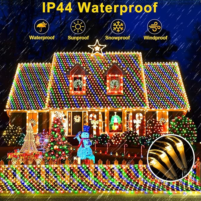 KNONEW Christmas Net Lights 360 LEDs 13ft x 9.8ft Outdoor Mesh Lights Connectable Waterproof 8 Modes & Timer Plug-in Net Fairy Lights for Bushes Garden Party Wedding Holiday,Multicolor