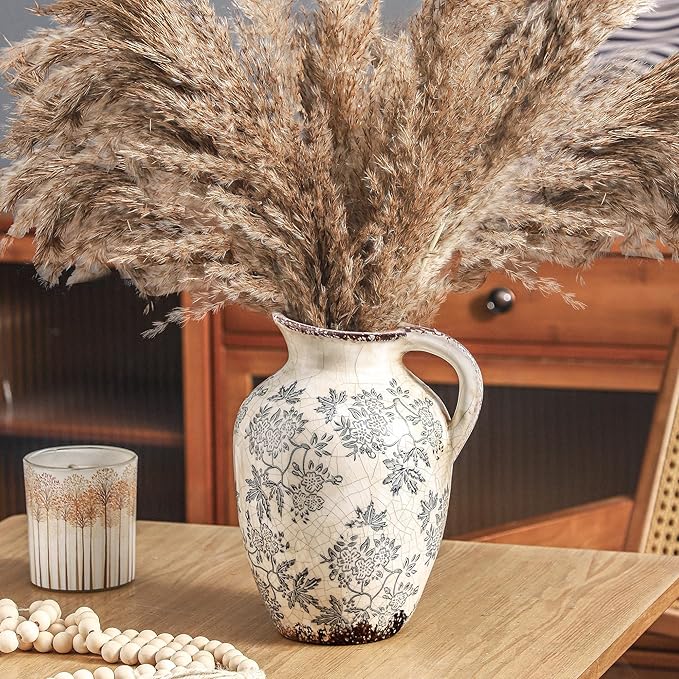 Enra Vintage vase with Handle,Blue and White Ceramic Decorative Flower vase, Chinoiserie Floral Vase,Large Rustic Vases for Home Decors, Living Room, Bookshelf, Office，9.7 inch