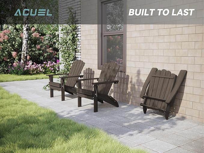 Folding HDPE Adirondack Chair Set of 2, Weather-Resistant Patio Chair with Wide Armrests & High Backrest, Fire Pit Chair for Garden, Backyard, Porch - Dark Brown