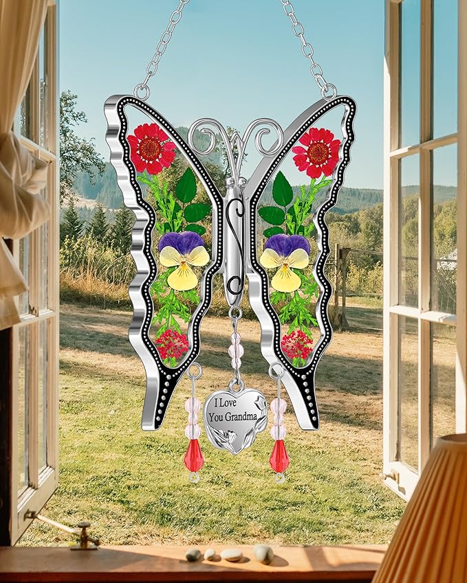 KY&BOSAM Gifts for Women I Love You Grandma Butterfly Suncatcher Stained Glass Suncatchers for Window Hanging Home Decor Garden Wind Chimes Birthday Gifts for Women Mothers Day Valentine's