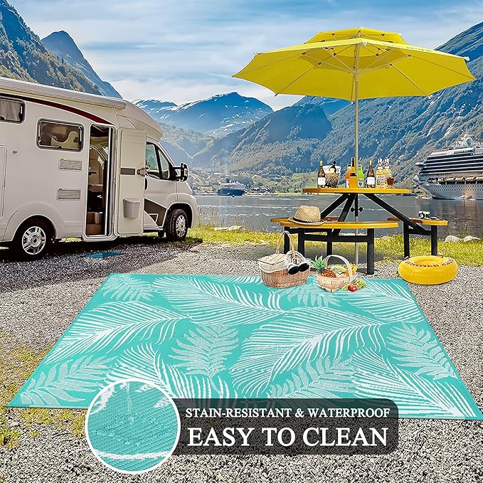 Pauwer Waterproof Outdoor Rug 8x10, Reversible Plastic Straw Patio Camping Rug, Indoor Outdoor RV Mat Carpet for Deck, Camper, Porch, Balcony, Backyard, Picnic, Leaf Light Blue