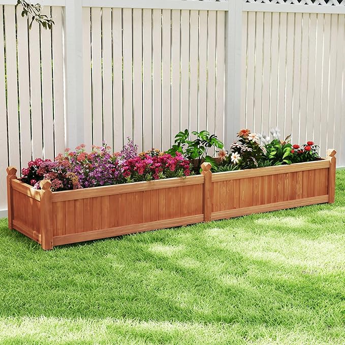 HAPPYGRILL Raised Garden Bed, Wood Elevated Flower Box with 8 Drain Holes, Liner, for Flowers, Vegetables, Herbs, Fruits, Outdoor Planter Box for Backyard, Garden, Lawn, 89" x 23.5" x 16"