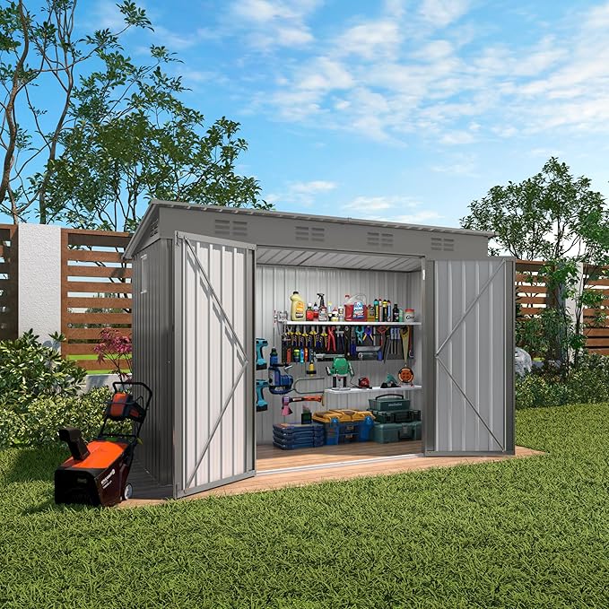 4 * 9.2 * 6 FT Outdoor Storage Shed, Galvanized Steel Garden Shed with Lockable Door & Window, Waterproof Metal Tool Storage for Garden, Backyard, Patio, Lawn(Gray)